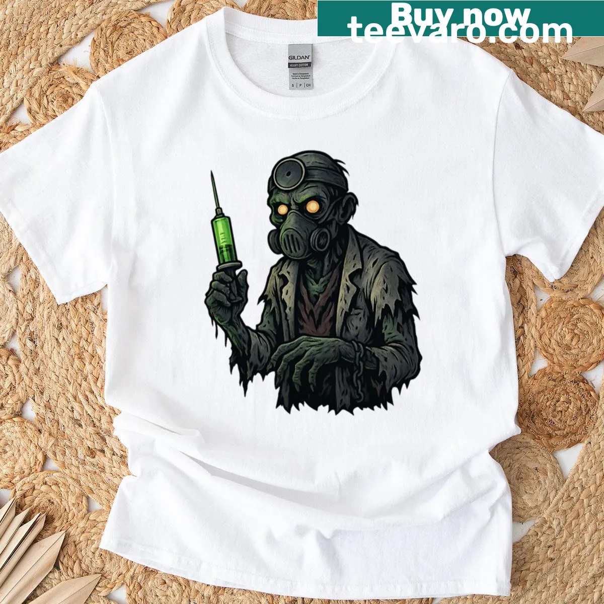 Oversized t-shirt featuring a zombie doctor with a glowing syringe — on a men's t-shirt