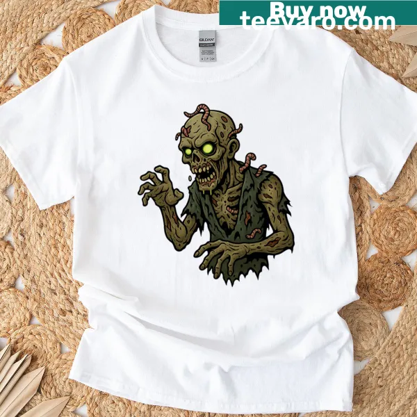 Oversized shirt featuring a creepy zombie with glowing eyes and worms