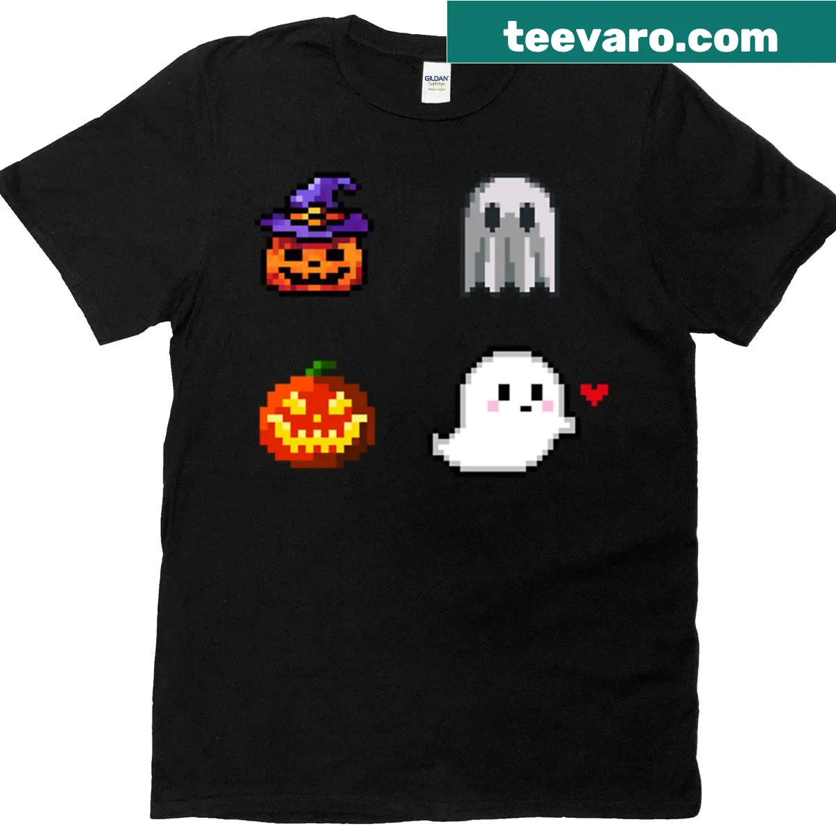 8-bit Halloween design with ghosts and jack-o-lanterns. — on a men's t-shirt