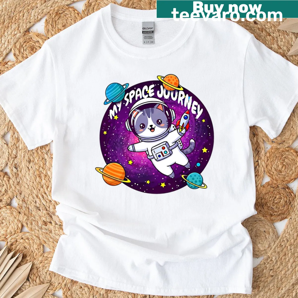 Cute cat astronaut floating in space with galaxies and stars — on a men's t-shirt