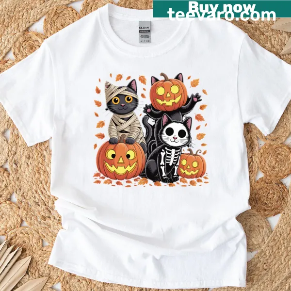 T-shirt with cute black cats in costumes and pumpkins