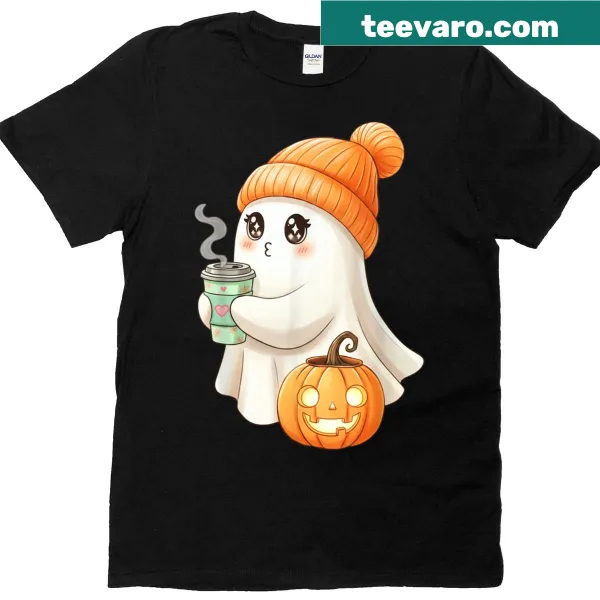 Cute cartoon ghost drinking iced coffee on a Halloween t-shirt
