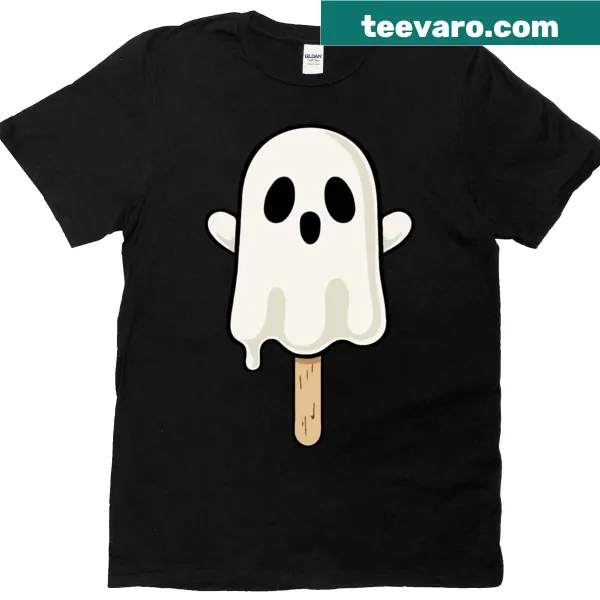 Adorable ghost enjoying a popsicle on a whimsical t-shirt