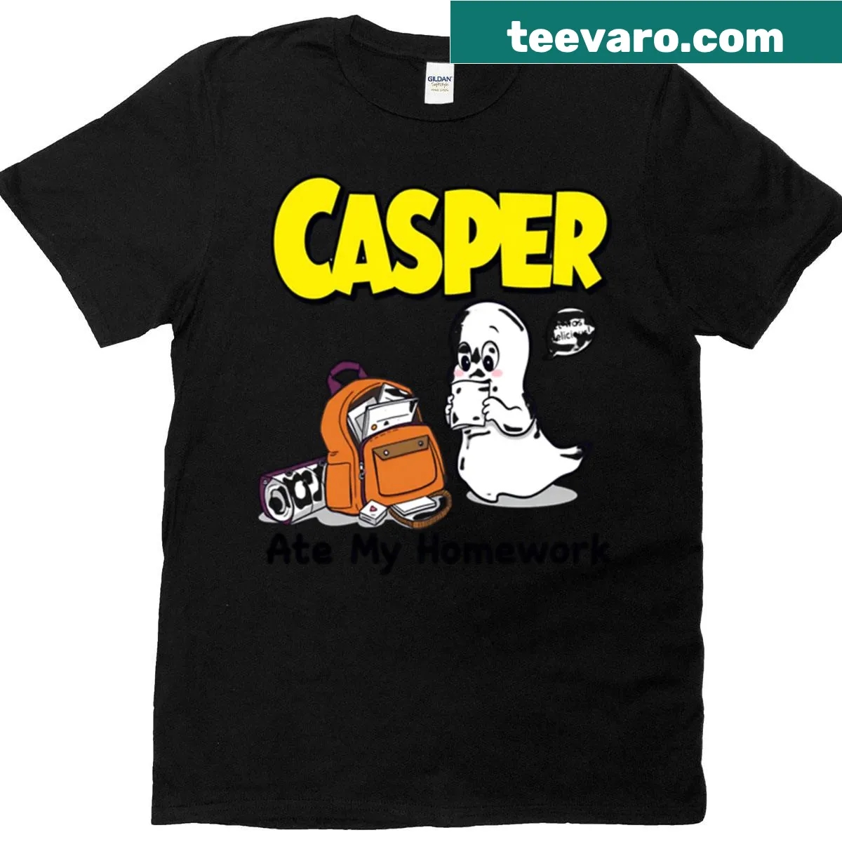 Ghost with homework graphic on a Halloween-themed t-shirt — on a men's t-shirt