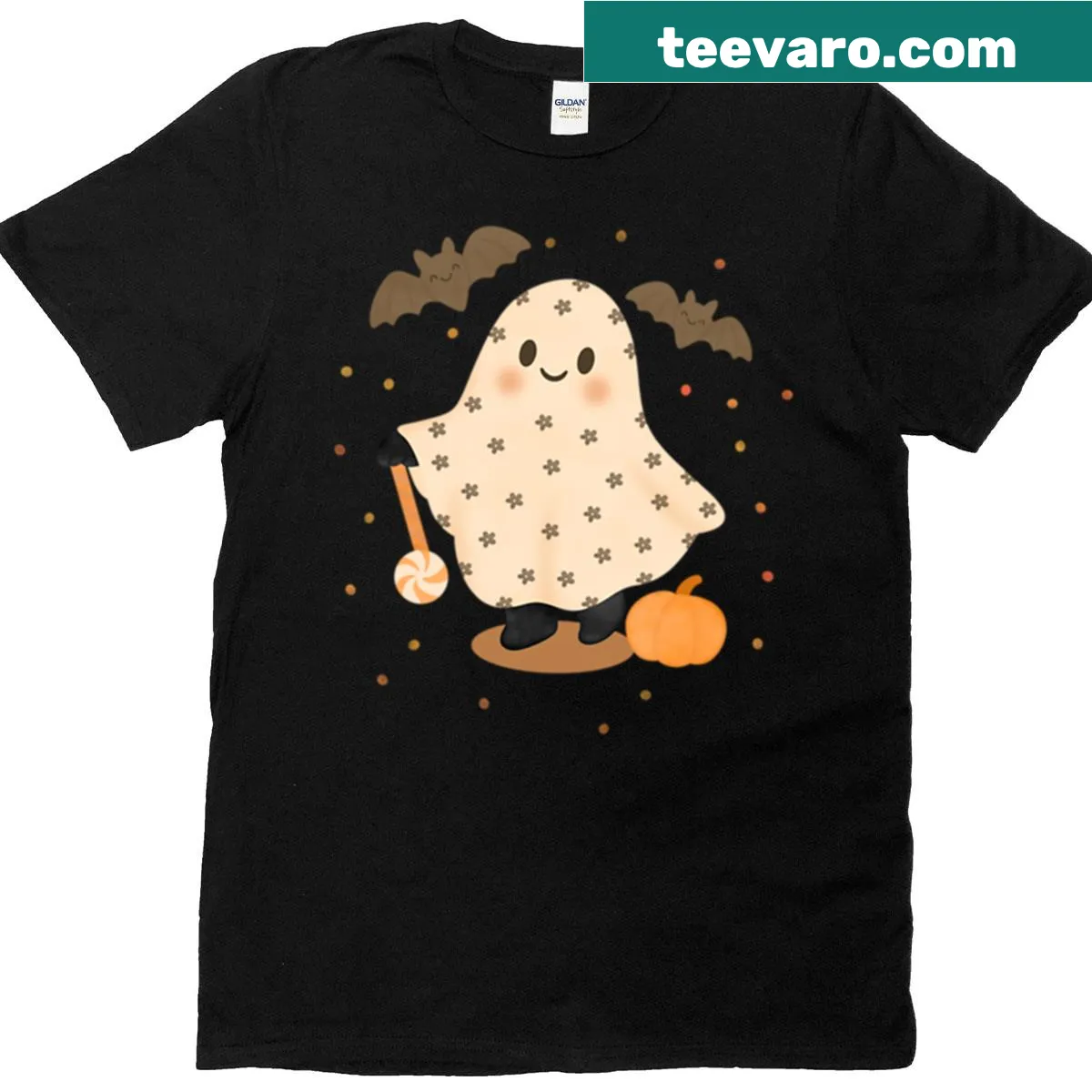 Oversized t-shirt with a playful ghost trick or treat pattern — on a men's t-shirt