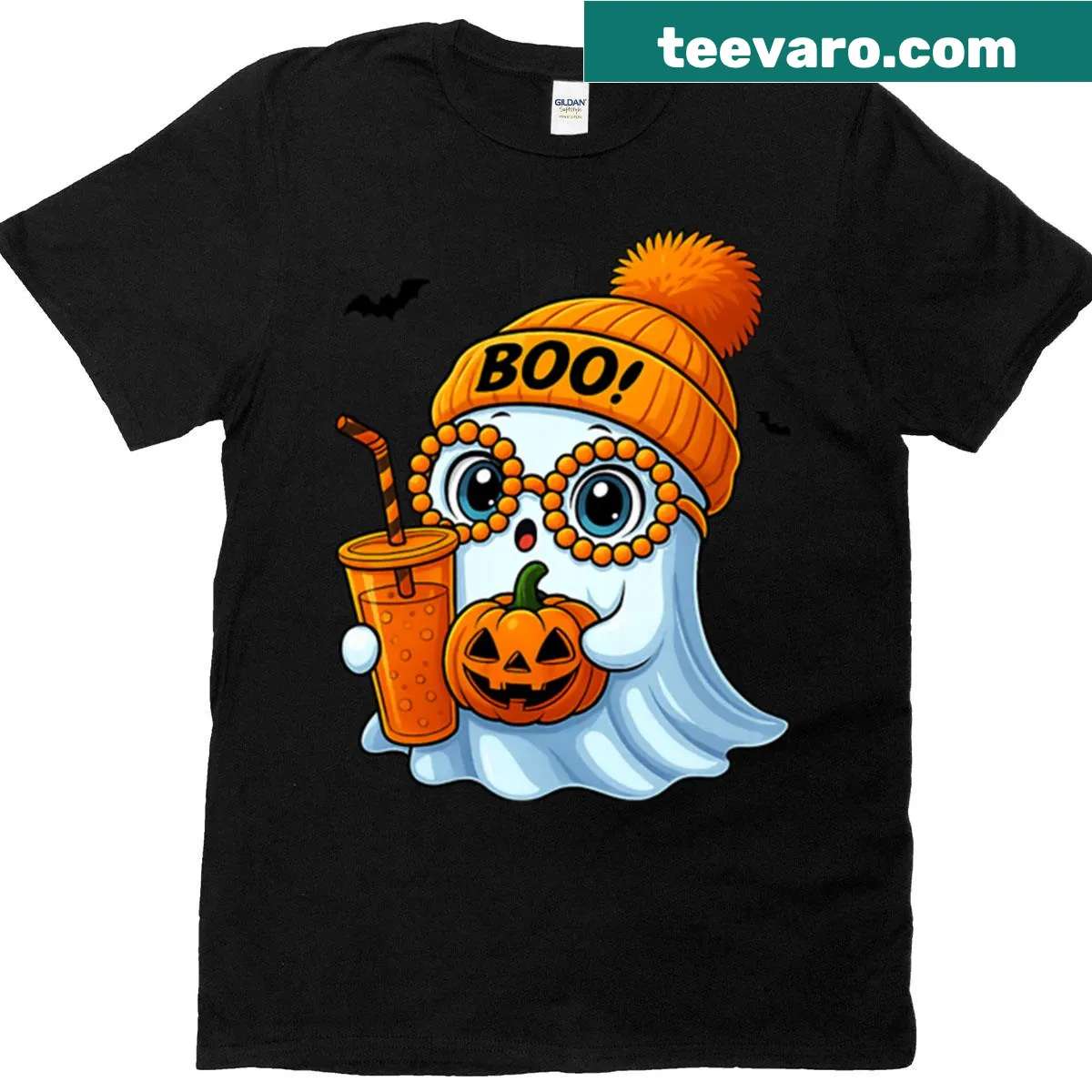 Cute ghost with pumpkin and Boo beanie graphic for Halloween. — on a men's t-shirt