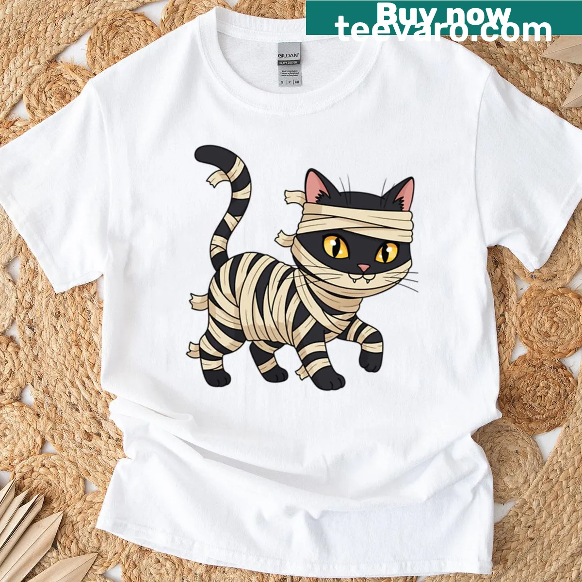 Cute mummy-wrapped cat illustration on Halloween t-shirt — on a men's t-shirt