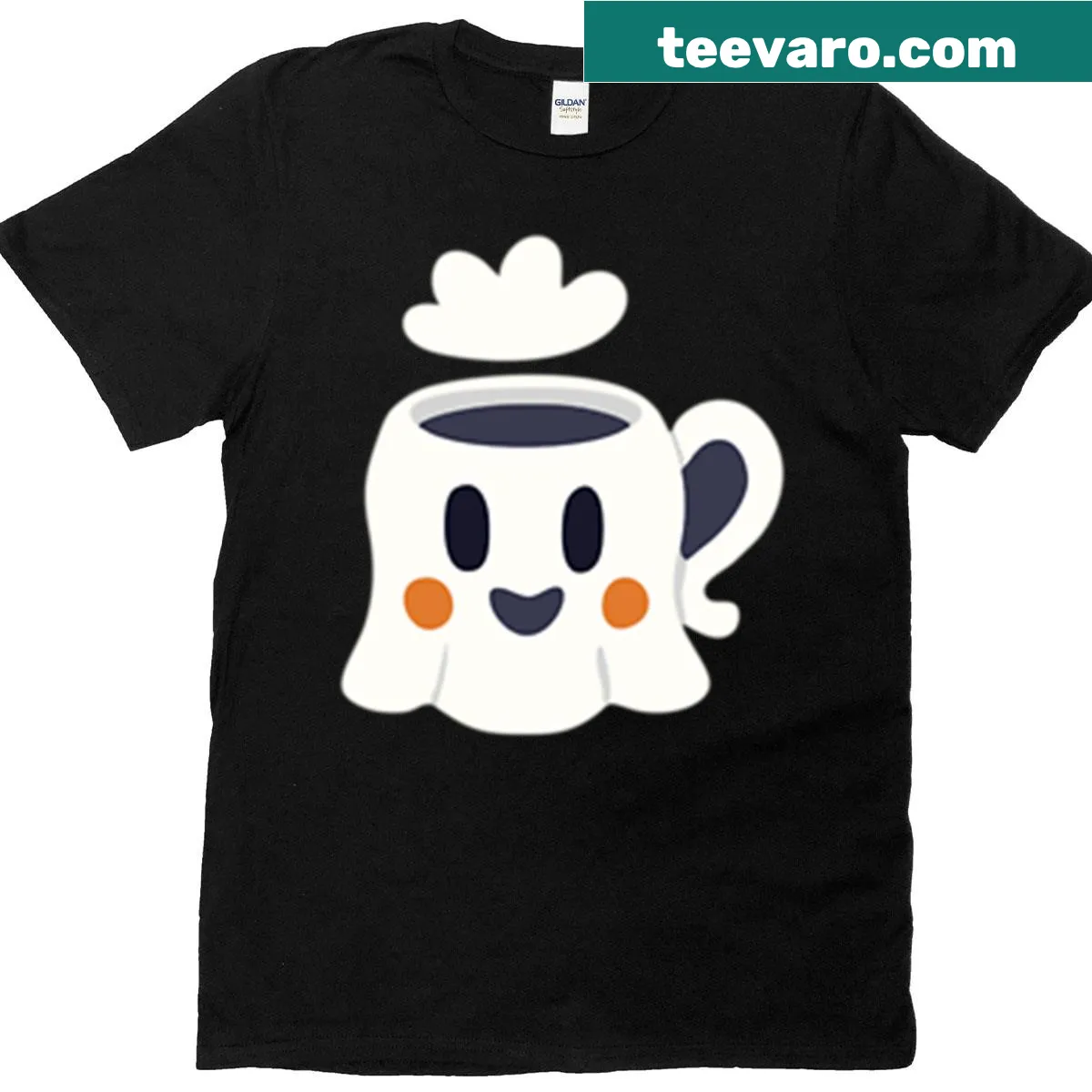 Adorable Halloween T-shirt with cauldron and spooky coffee mug design — on a men's t-shirt