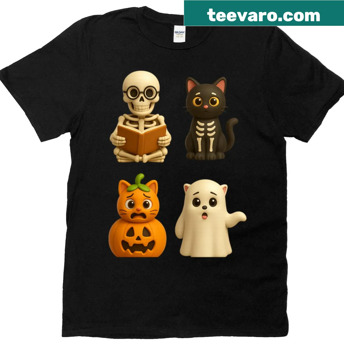 Whimsical Halloween T-shirt featuring pumpkin, ghost, and skeleton cat graphics — on a men's t-shirt