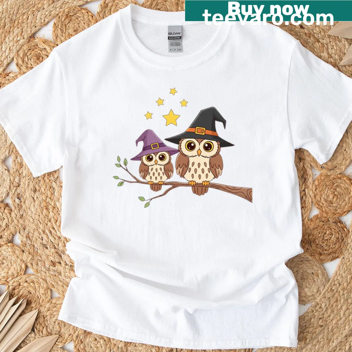 Cute Halloween design featuring a witch and owls on a T-shirt — on a men's t-shirt