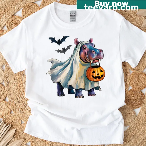 Cute hippo in a pumpkin costume on a girls' T-shirt