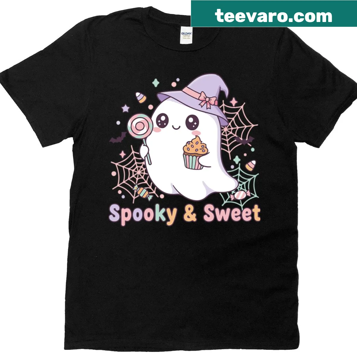 Kawaii ghost Halloween graphic with cute design elements. — on a men's t-shirt