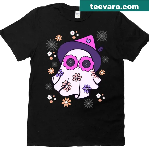 Cute pastel ghost witch graphic T-shirt for Halloween.