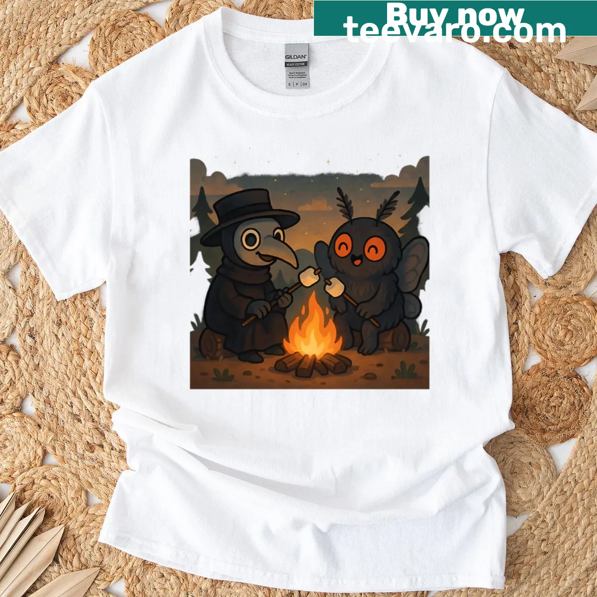 Illustration of a cute Plague Doctor Mothman roasting marshmallows by a campfire — on a men's t-shirt
