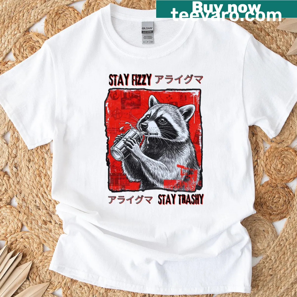 Cartoon raccoon drinking soda t-shirt design — on a men's t-shirt