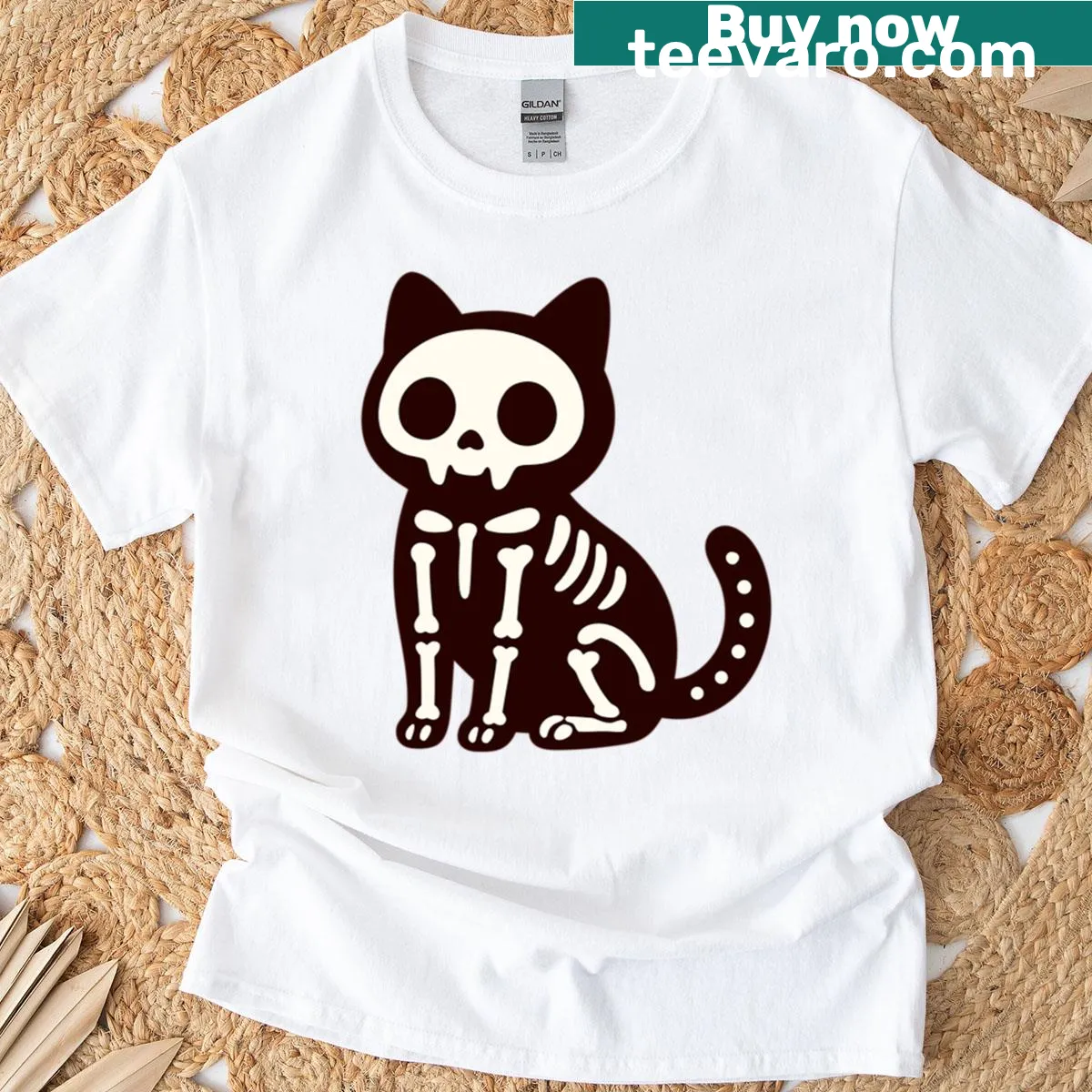 Halloween T-shirt with a cute skeleton cat illustration — on a men's t-shirt