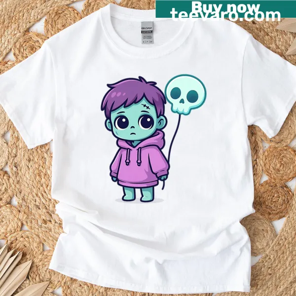 Cute zombie child holding a skull balloon on a t-shirt.