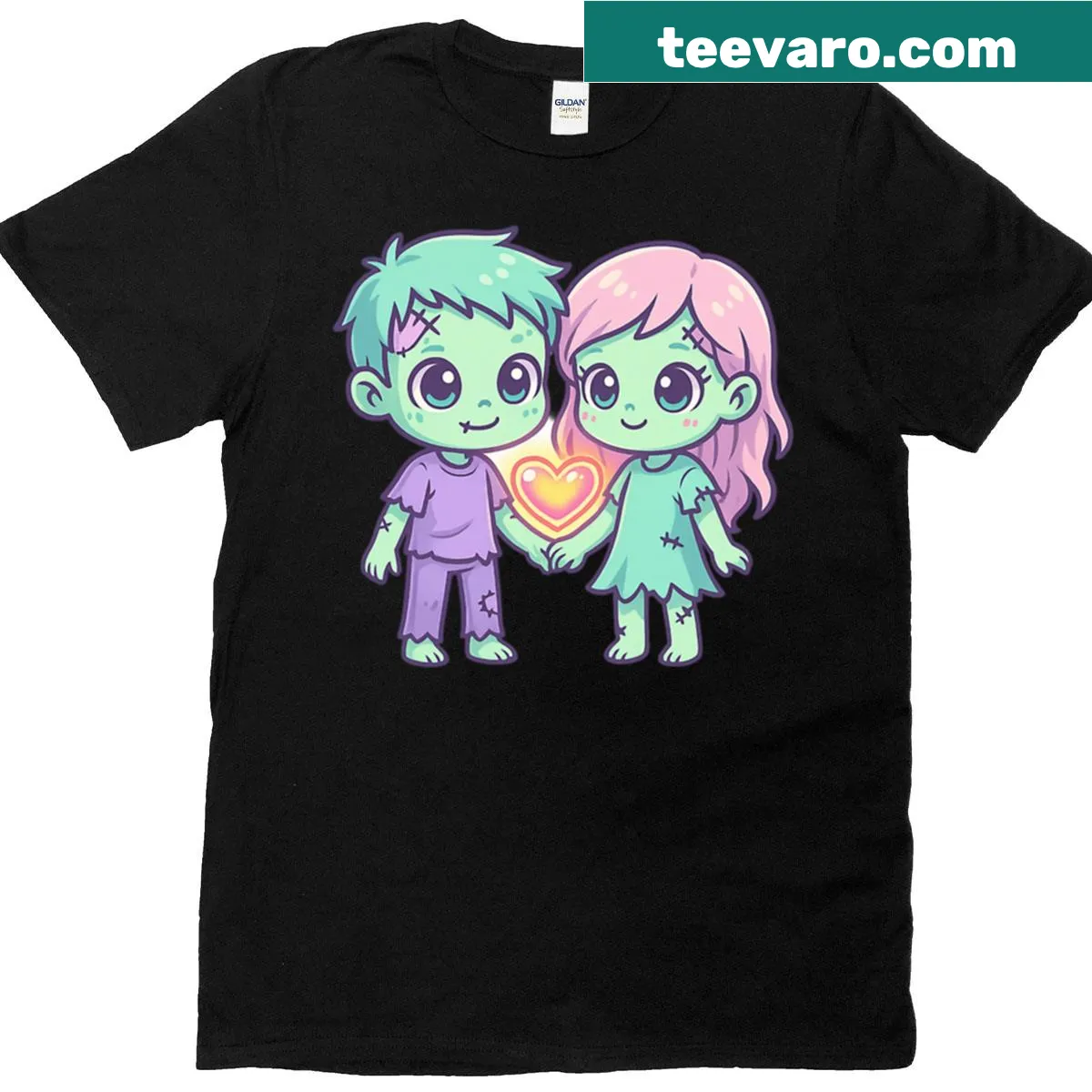 Illustrated zombie couple with glowing hearts on a t-shirt — on a men's t-shirt