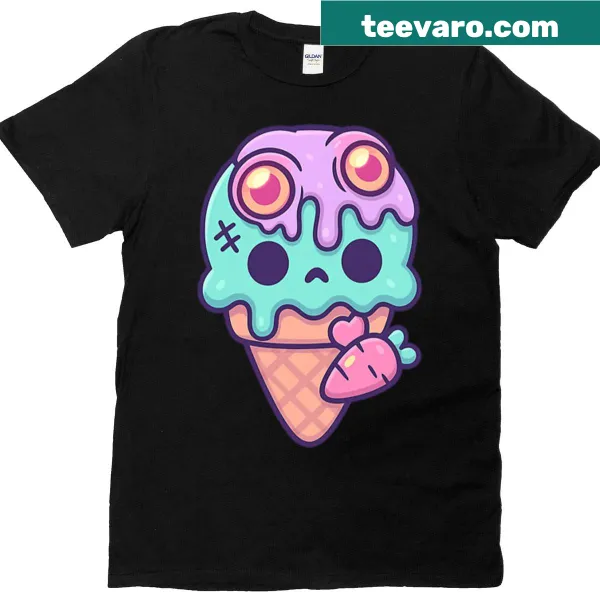 Cartoon zombie ice cream cone with candy eyes on a t-shirt