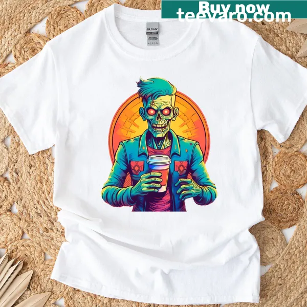 Cyberpunk zombie illustration graphic T-shirt featuring coffee