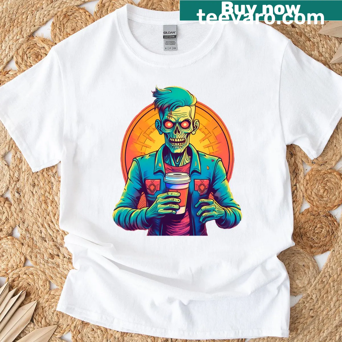 Cyberpunk zombie illustration graphic T-shirt featuring coffee — on a men's t-shirt