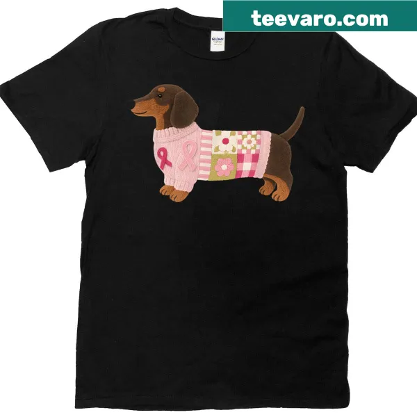 Breast cancer awareness t-shirt featuring a Dachshund and pink ribbon