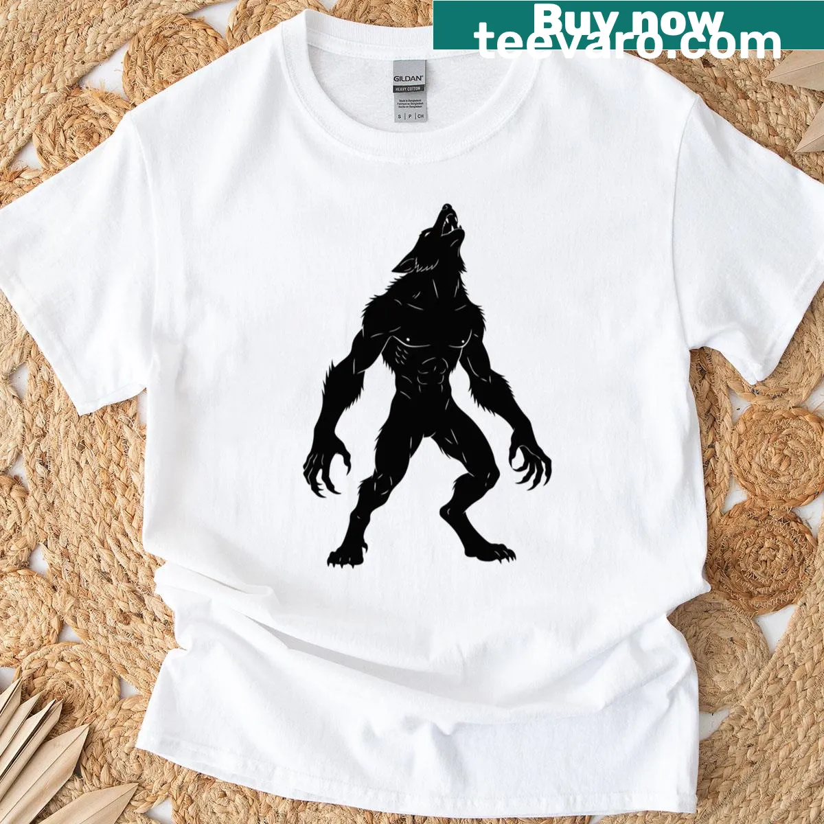 Silhouette of a dark werewolf on a Halloween-themed t-shirt — on a men's t-shirt