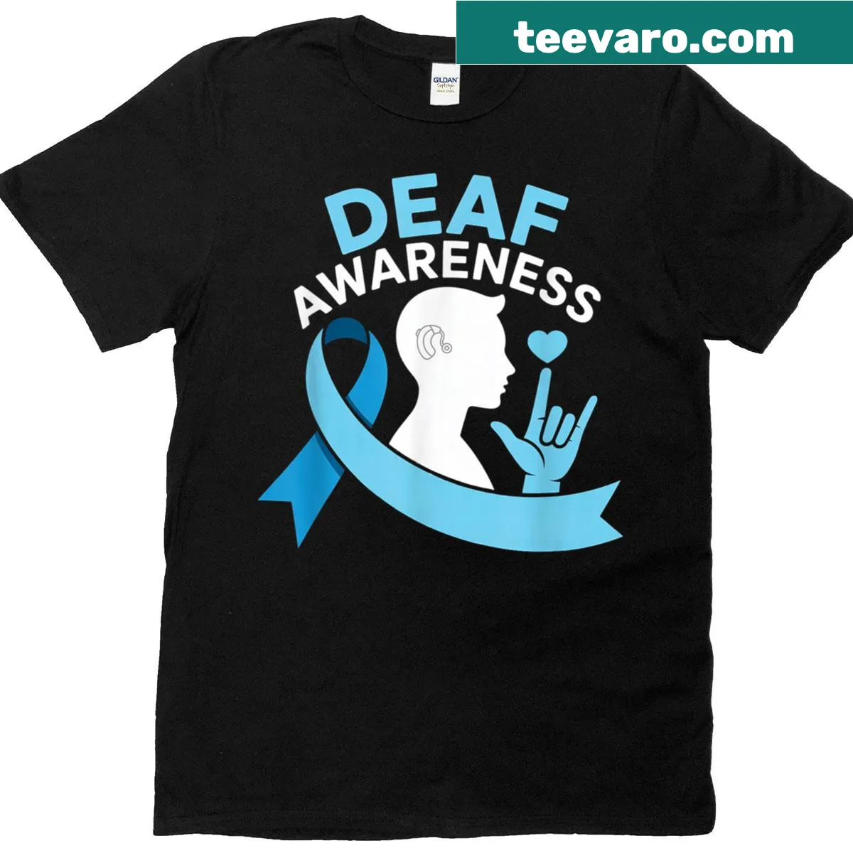 Blue ribbon and ASL I love you design for Deaf Awareness Month — on a men's t-shirt