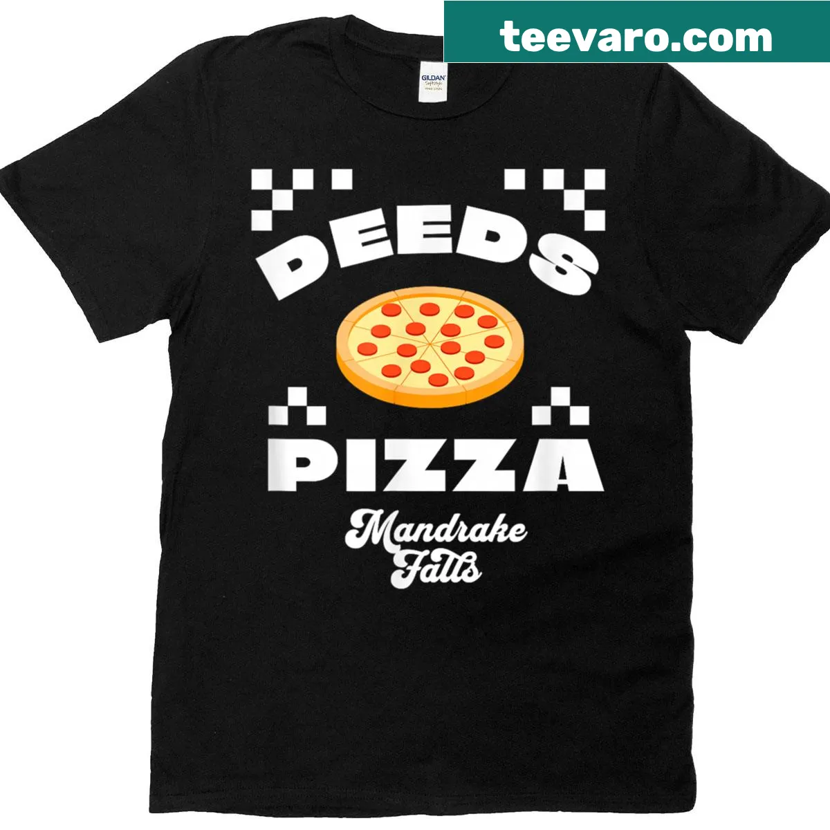 Vintage-inspired Deeds Pizza graphic on a casual t-shirt — on a men's t-shirt