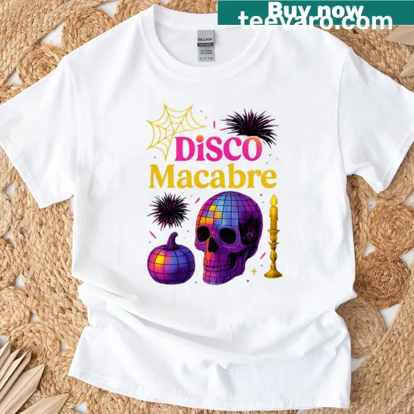 Halloween T-shirt featuring a disco-themed skull illustration