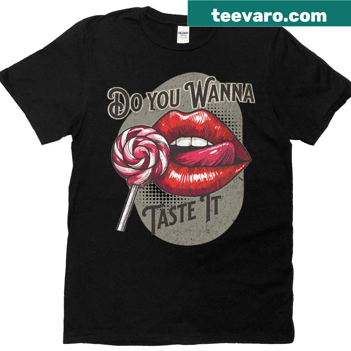 Vintage T-shirt with playful pinup lips and humorous text — on a men's t-shirt