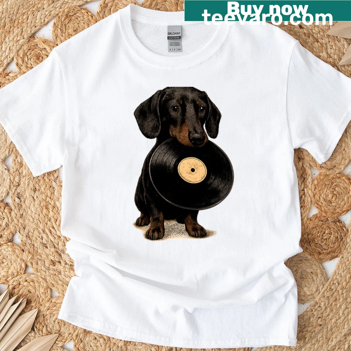 Dog and vinyl record graphic on vintage music t-shirt — on a men's t-shirt