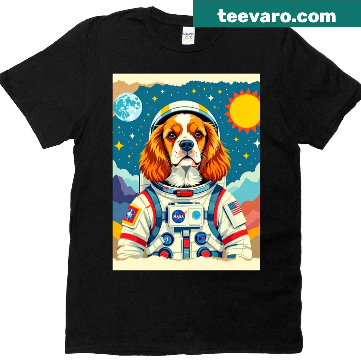 Cartoon cocker spaniels in space with stars and planets — on a men's t-shirt