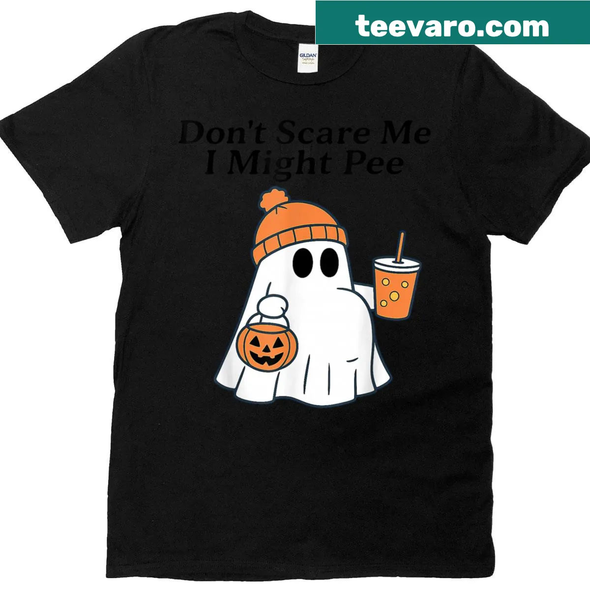 Funny ghost graphic with text on Halloween-themed shirt — on a men's t-shirt
