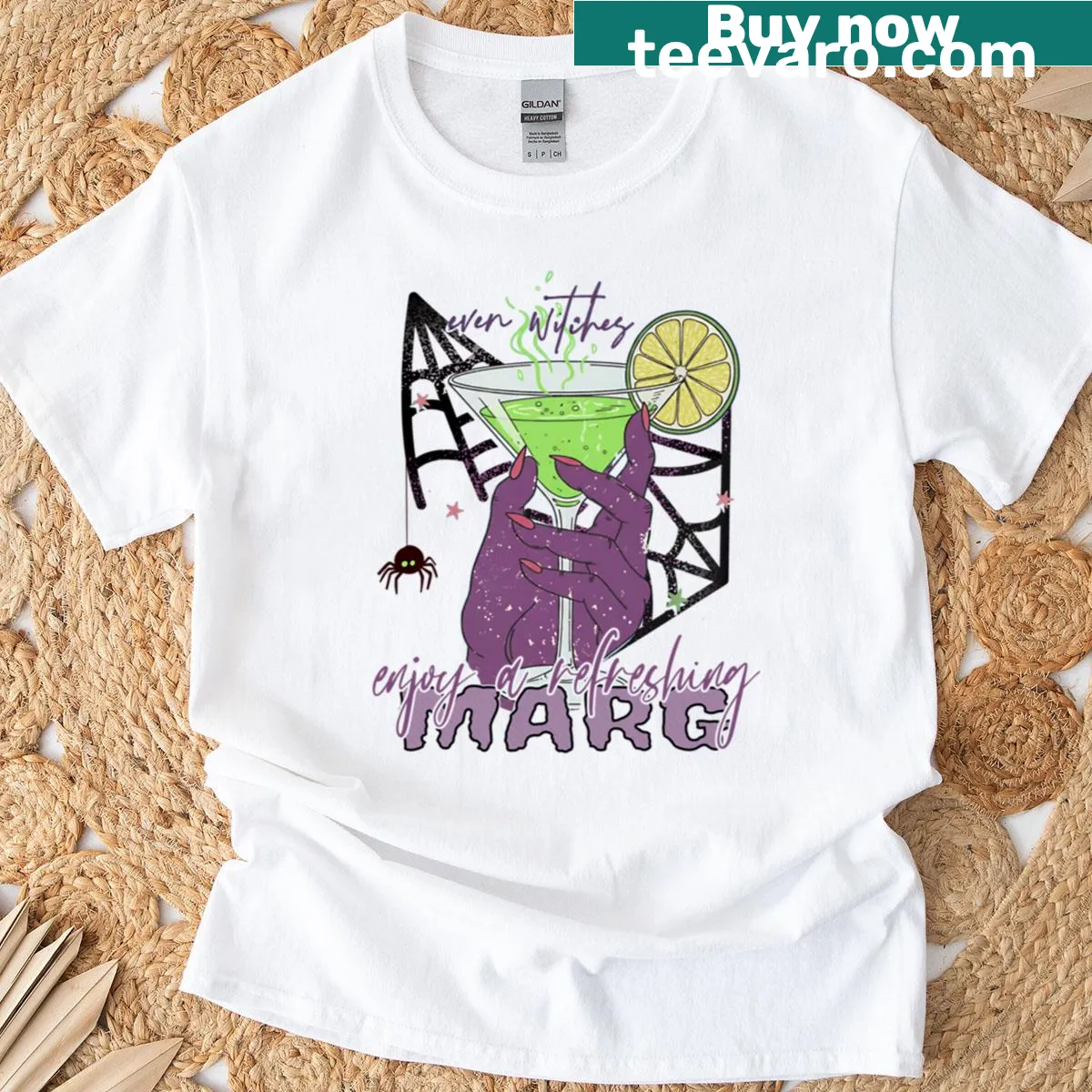 Funny graphic T-shirt with witches and margaritas saying — on a men's t-shirt