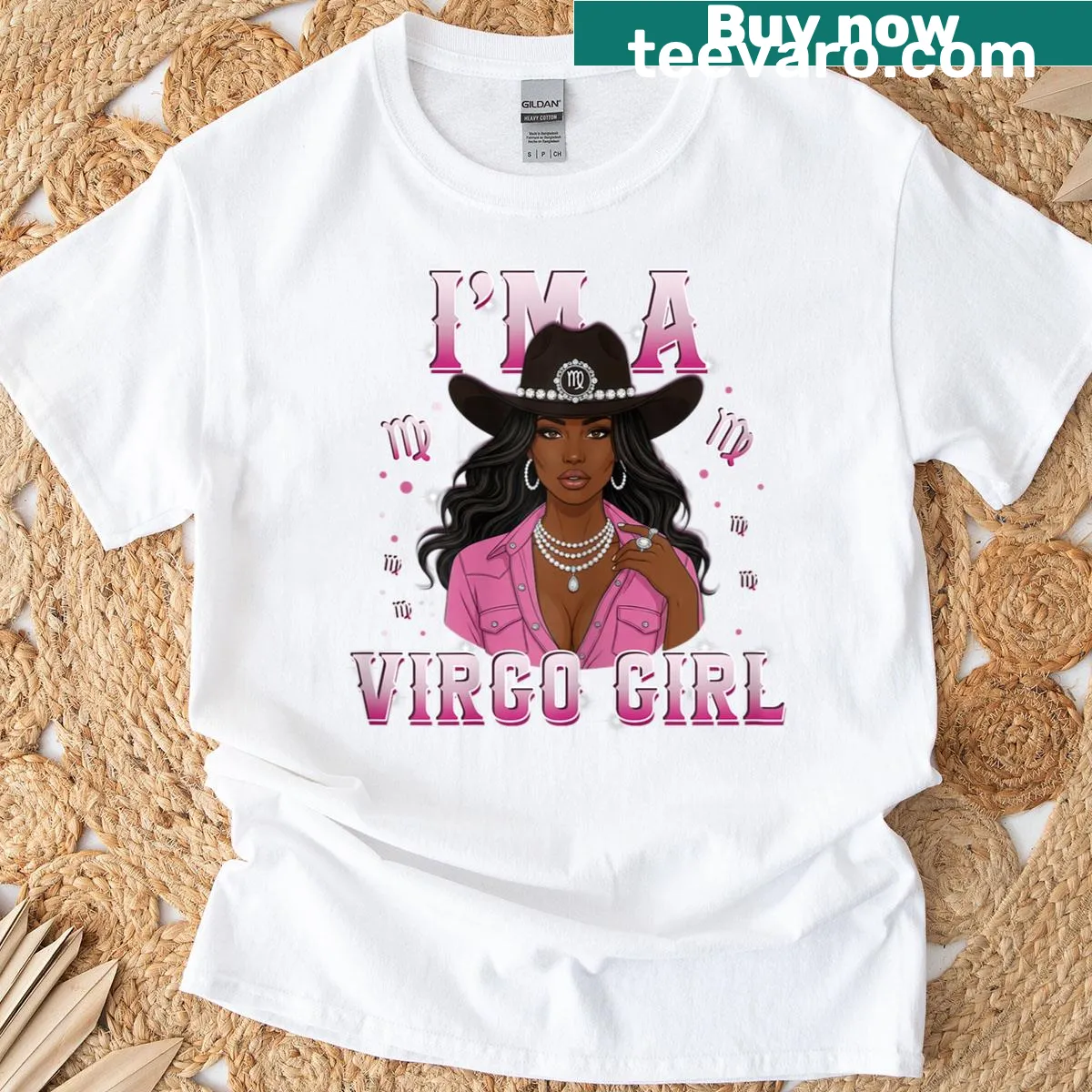 Virgo girl graphic with a cowboy hat on a denim t-shirt — on a men's t-shirt