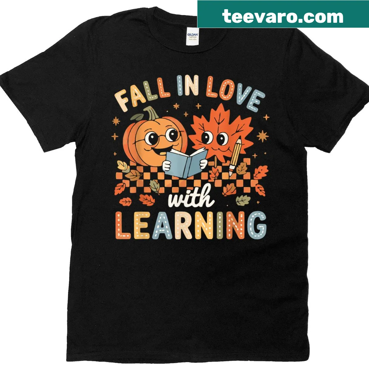Teacher shirt with autumn pumpkin and learning theme. — on a men's t-shirt
