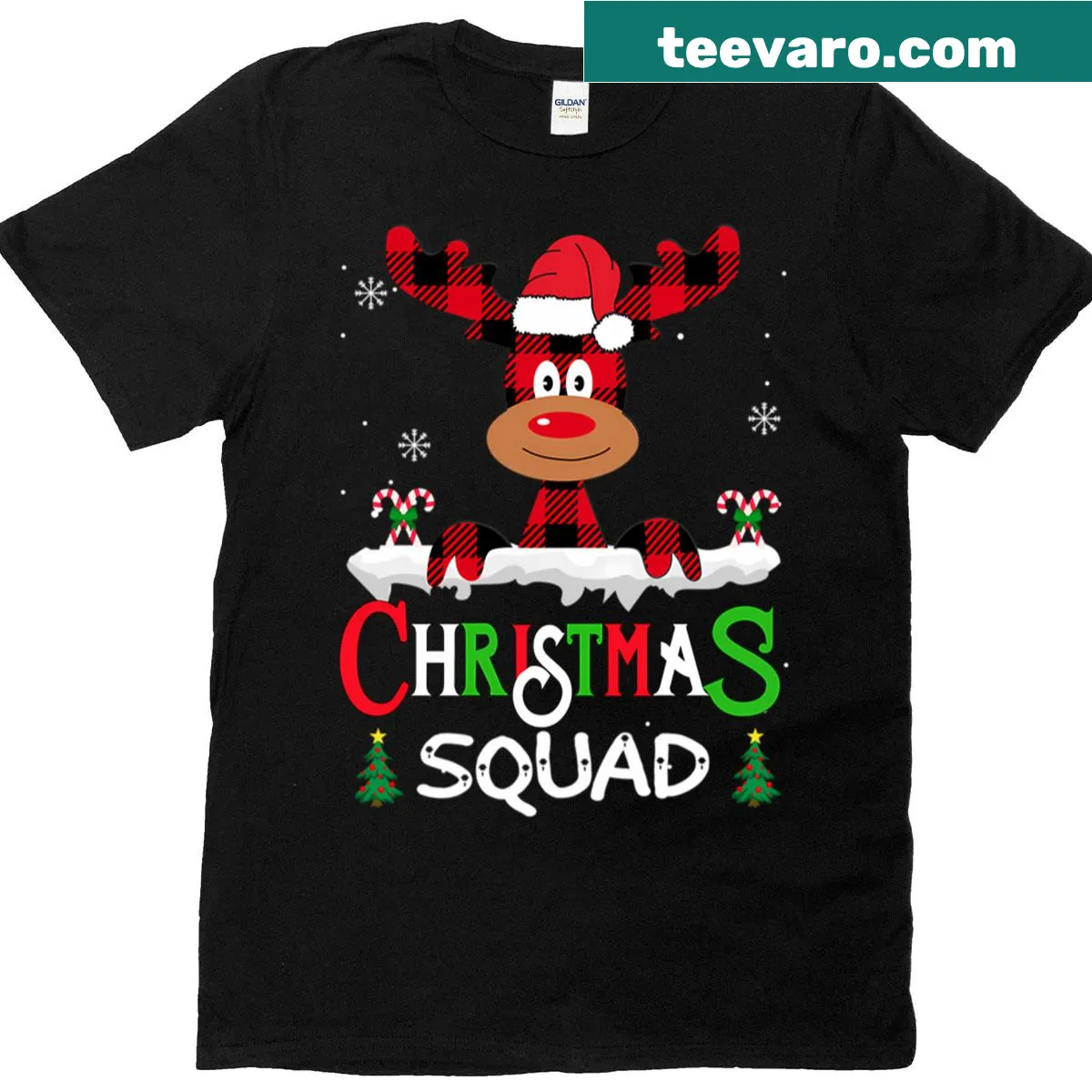 Matching Christmas T-shirt featuring a groovy squad of reindeer in a fun cartoon style. — on a men's t-shirt