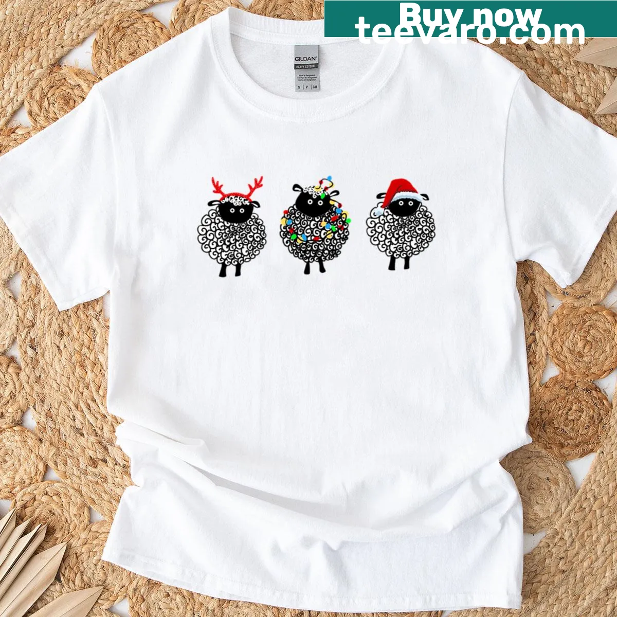 Cute sheep illustration celebrating Christmas on a T-shirt — on a men's t-shirt