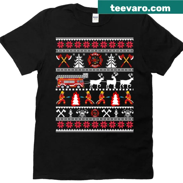 Vintage firefighter graphic on Christmas-themed shirt