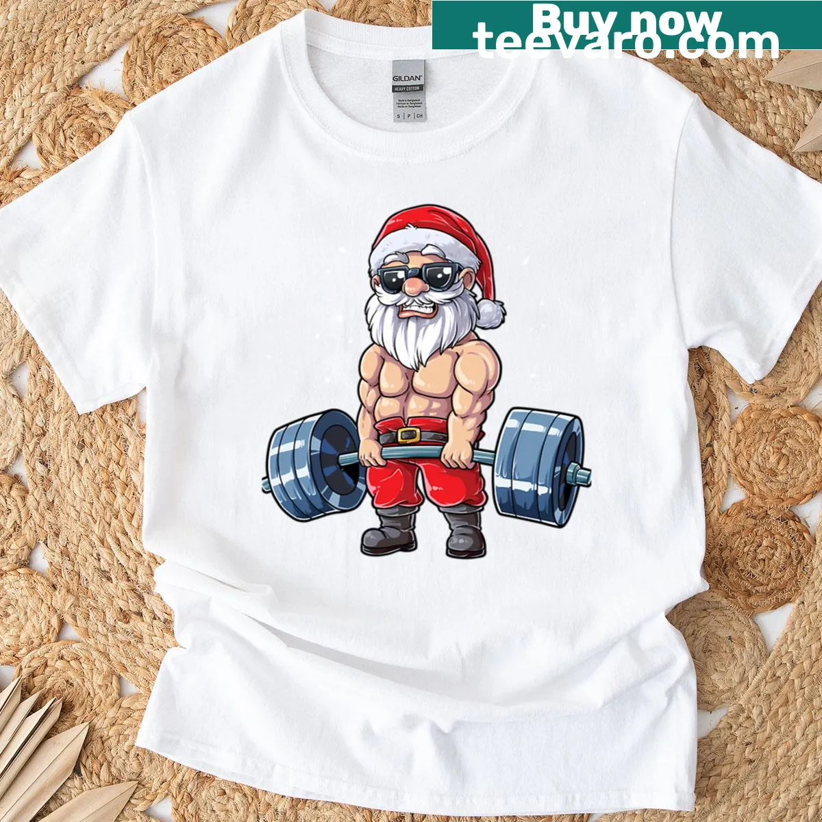 Santa deadlifting in a Christmas-themed design on a T-shirt — on a men's t-shirt