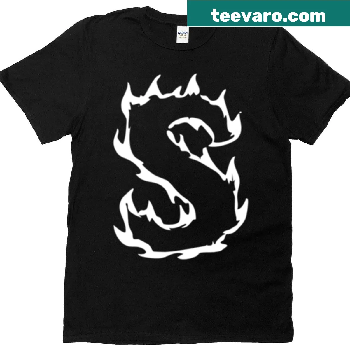 T-shirt displaying a flaming S letter monogram. — on a men's t-shirt