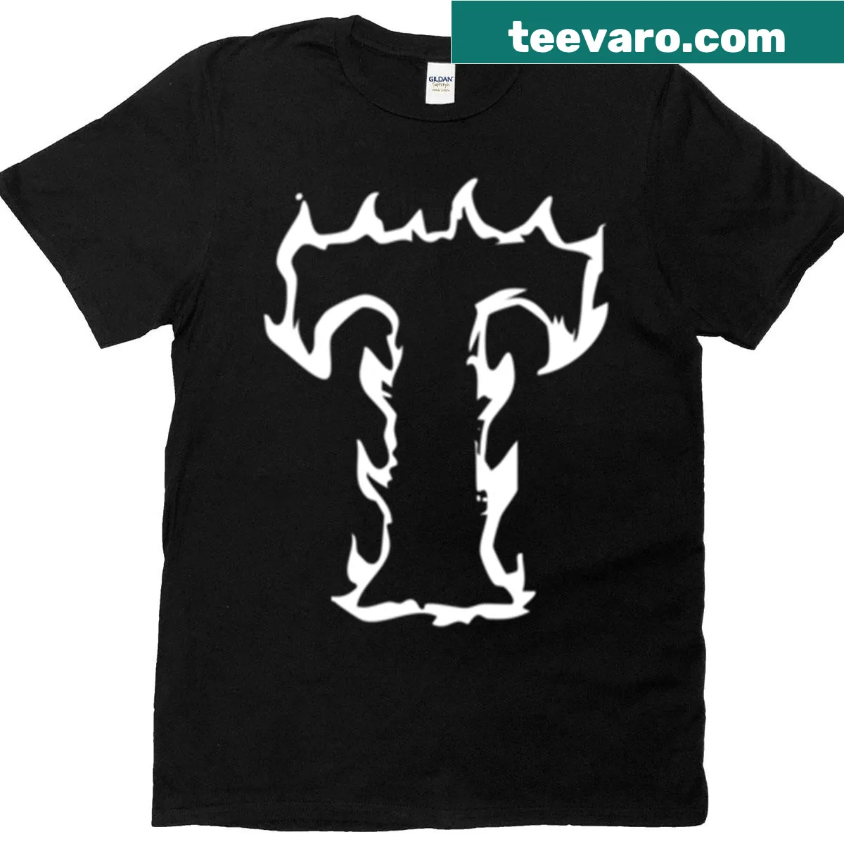 Minimalist flaming T monogram t-shirt design — on a men's t-shirt