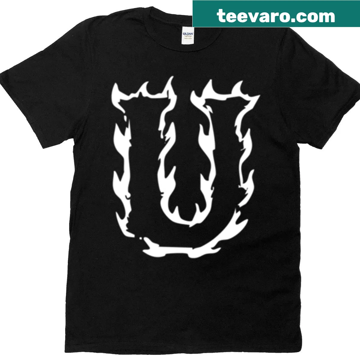 Flaming U letter monogram T-shirt with a fiery design — on a men's t-shirt