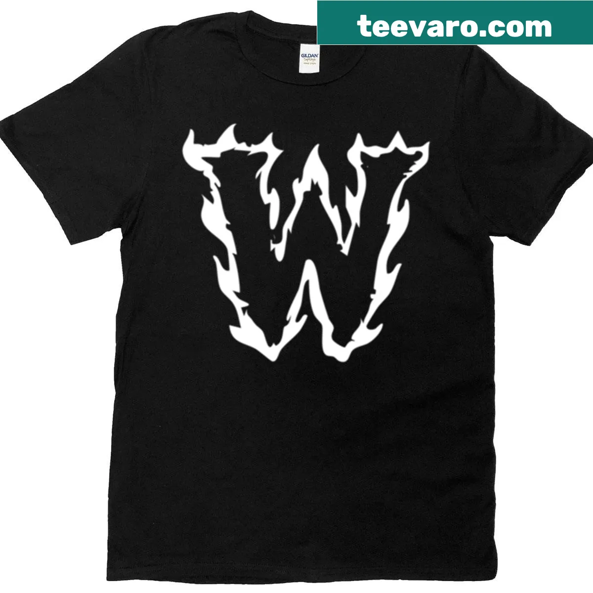White T-shirt featuring a flaming W letter monogram. — on a men's t-shirt