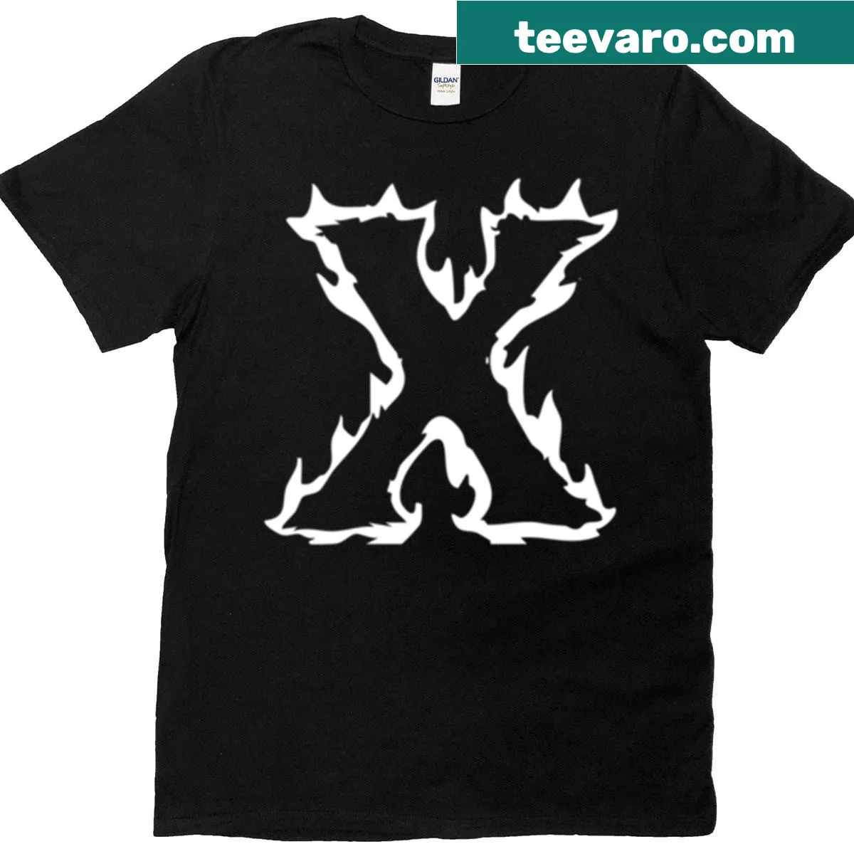 Monogram X with flaming design on a t-shirt — on a men's t-shirt