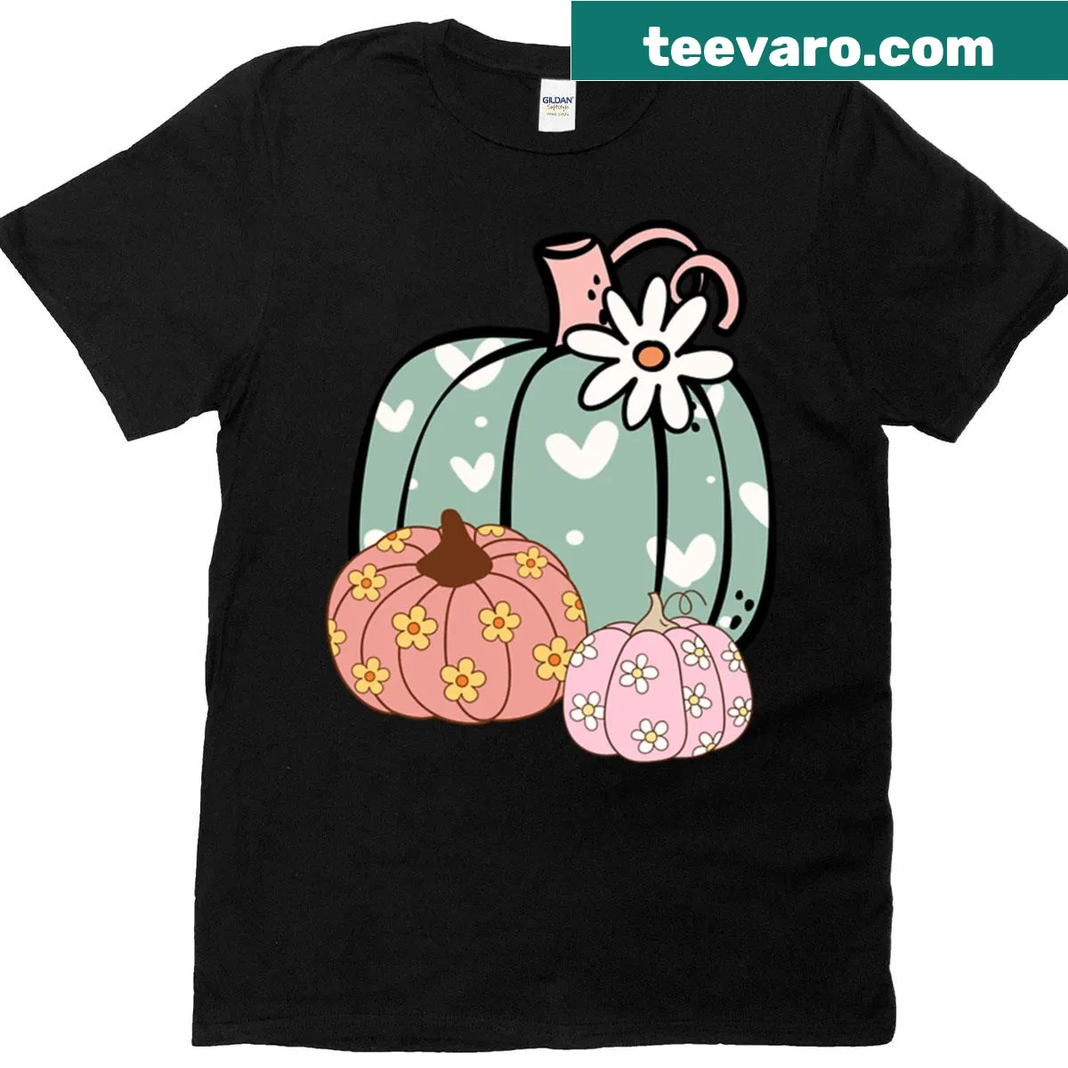 Pastel pumpkin and floral design t-shirt for a whimsical Halloween vibe — on a men's t-shirt