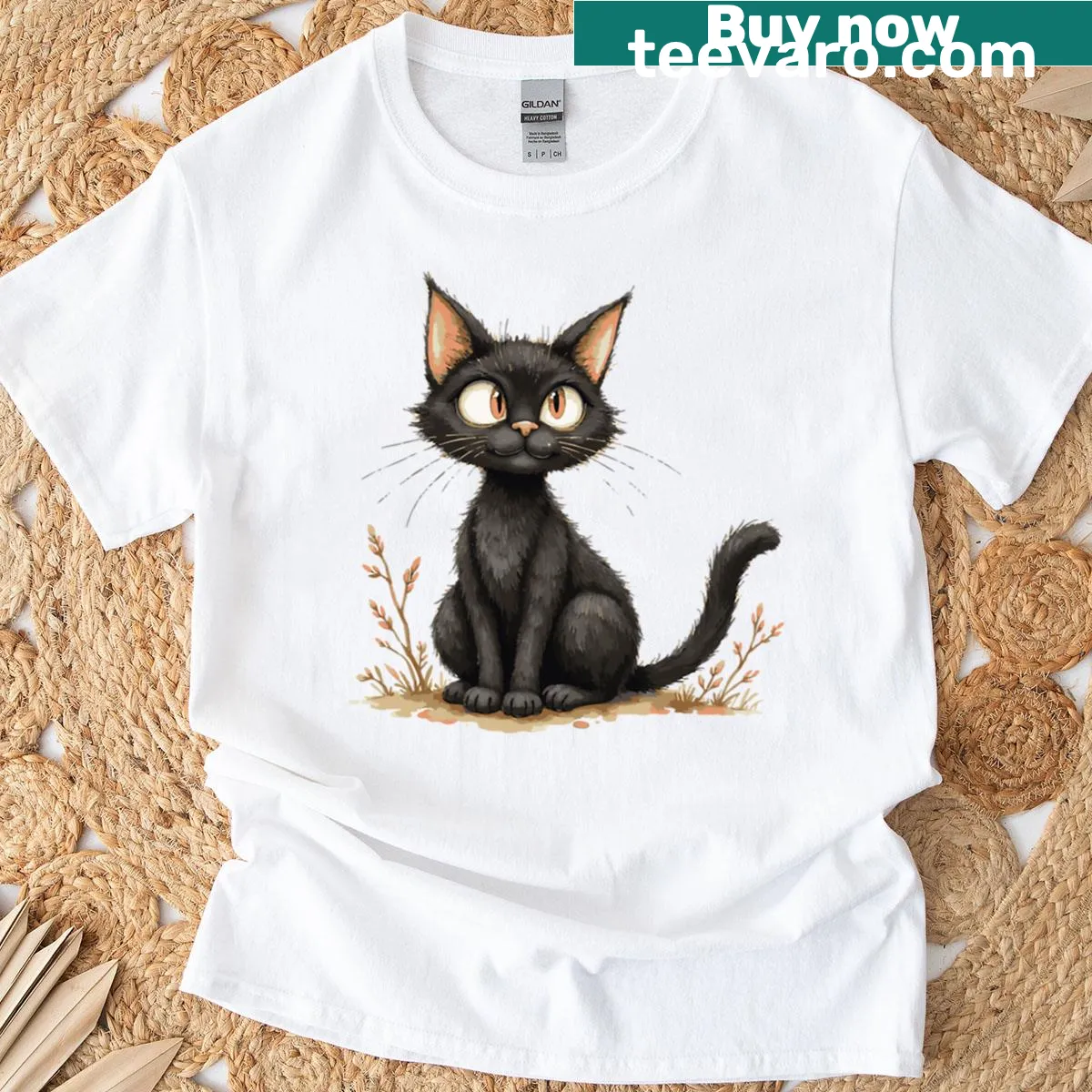 Cute spooky design t-shirt featuring a fluffy black cat — on a men's t-shirt
