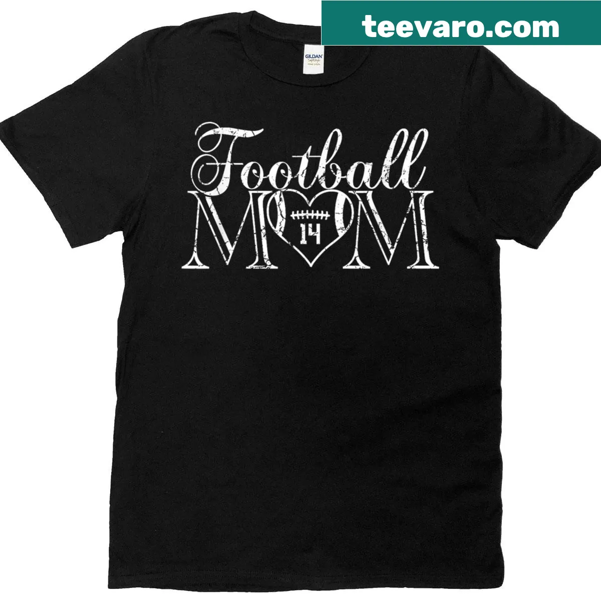 Football mom shirt with number 14 and heart graphic — on a men's t-shirt