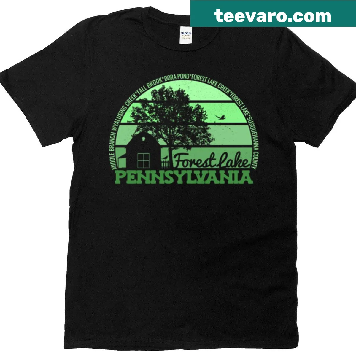 Vintage-style t-shirt featuring Forest Lake Pennsylvania logo and sunset — on a men's t-shirt